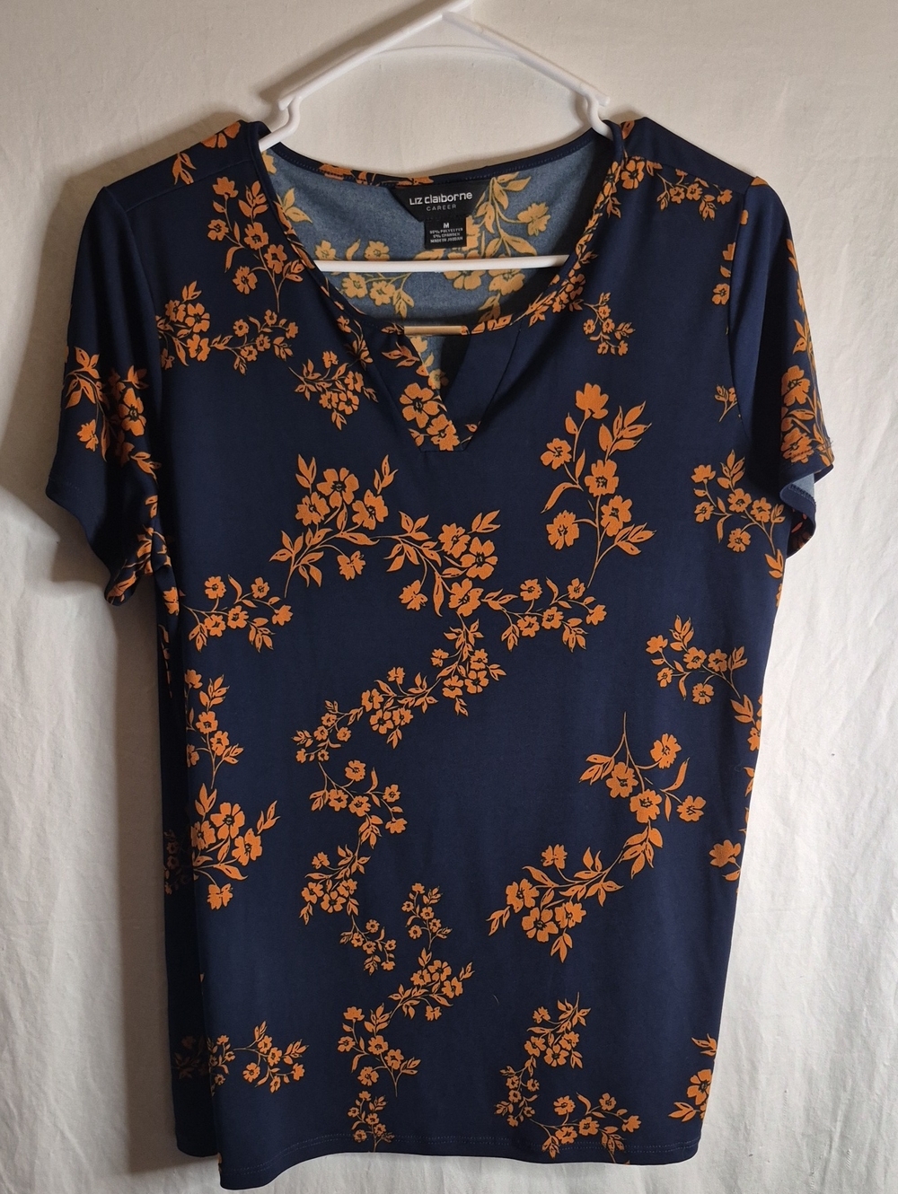 Liz Claiborne Navy Short Sleeve V-Neck Top with Orange Floral Print